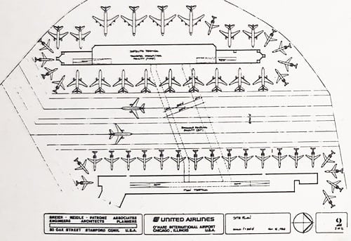 Detailed airport terminal diagram showing aircraft parking and runway layout.