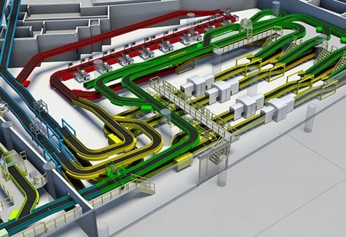 3D model of a complex rail network with multiple colored tracks and platforms
