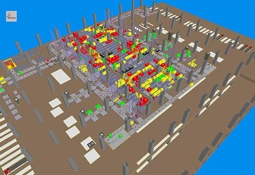 Complex 3D map of an urban city with many buildings, streets, and vehicles.