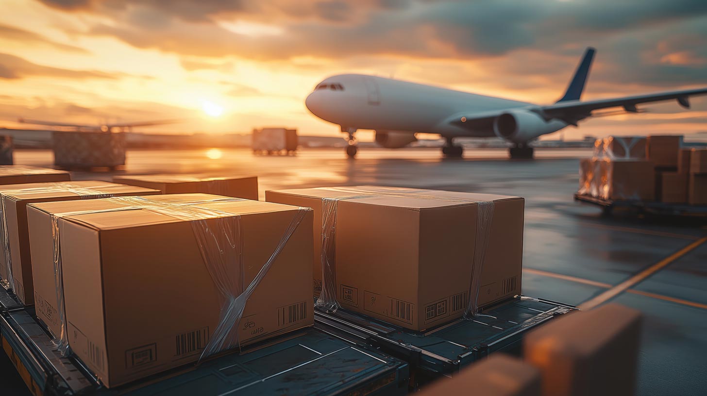 Stacked cargo boxes on airport tarmac with an aircraft in the background at sunset.
