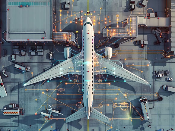 A futuristic aircraft and intricate network of wires, lights, and controls against a dark industrial background.