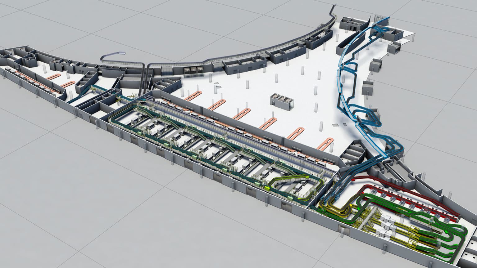 3D architectural rendering of a complex transportation infrastructure with trains, roads, and buildings.