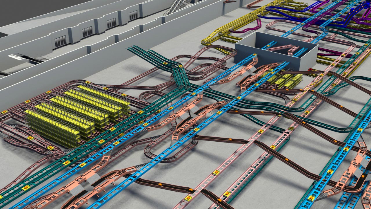 Abstract digital cityscape with intricate architectural structures and colorful pipes or conduits.