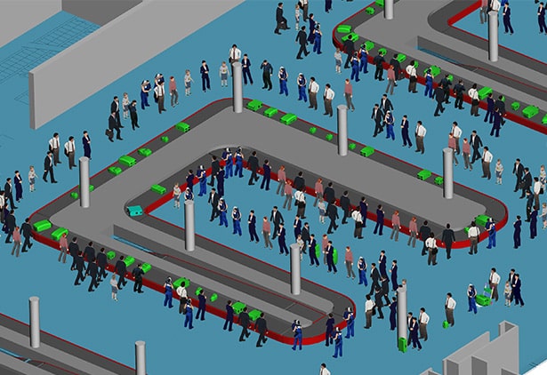 Busy urban scene with crowds of stylized figures waiting in lines, navigating pathways, and interacting in a simulation-style setting.